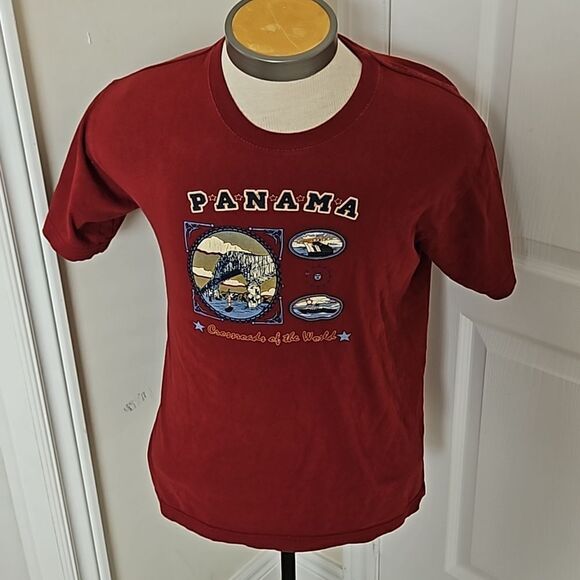 Vintage Unisex Panama City Logo Short Sleeves Cotton T-Shirt Medium Burgundy - Picture 1 of 16